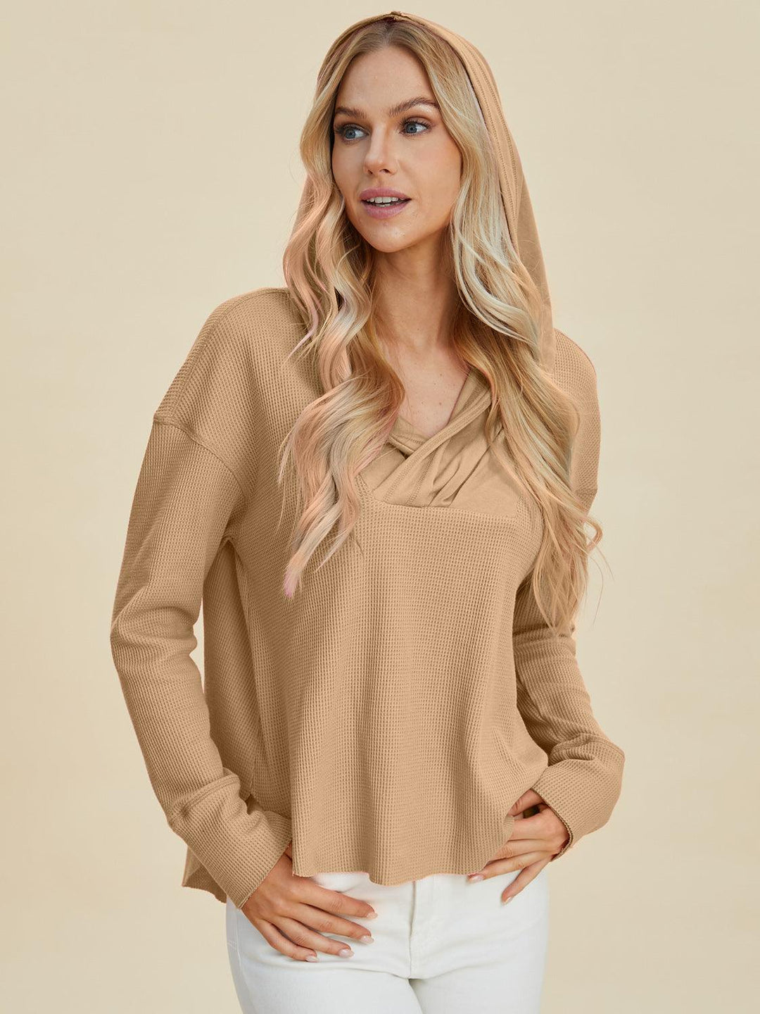 High-Low Dropped Shoulder Long Sleeve Hoodie Shirts & Tops