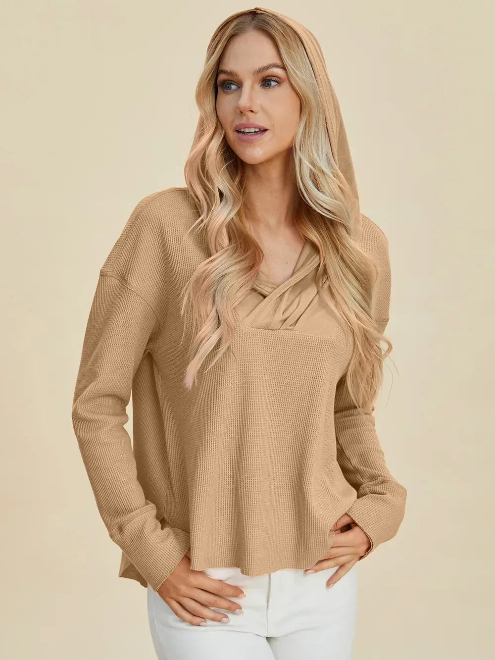 Double Take Full Size High-Low Dropped Shoulder Long Sleeve Hoodie - DAVERRI FASHIONS