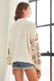 ADORA Full Size Contrast Crochet Open Front Long Sleeve Cardigan | Cardigans Daverri Fashions