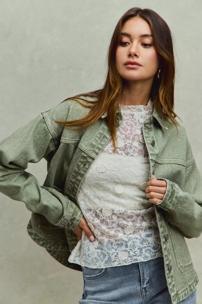 Vintage washed olive green denim shacket with buttons and flap pockets