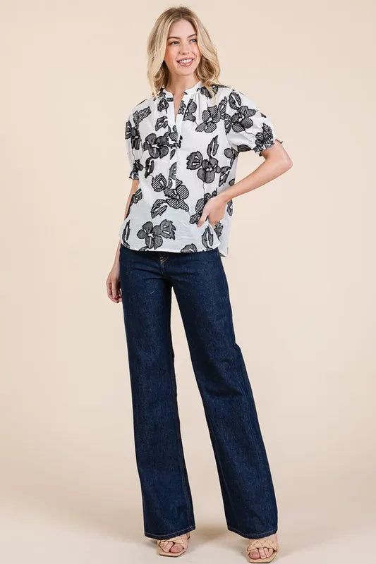 Lime 'N' Chili Embroidered Split Neck Puff Sleeve Blouse