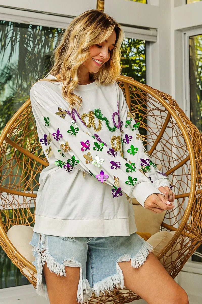 BiBi Fleur De Lis Sleeve Mardi Gras Pullover | Daverri Fashions