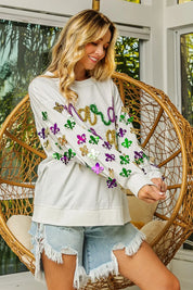 BiBi Fleur De Lis Sleeve Mardi Gras Pullover | Daverri Fashions