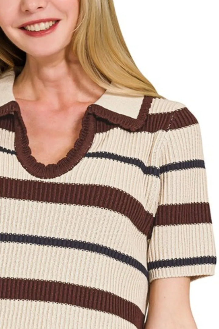 Zenana Striped Collared Short Sleeve Cropped Sweater