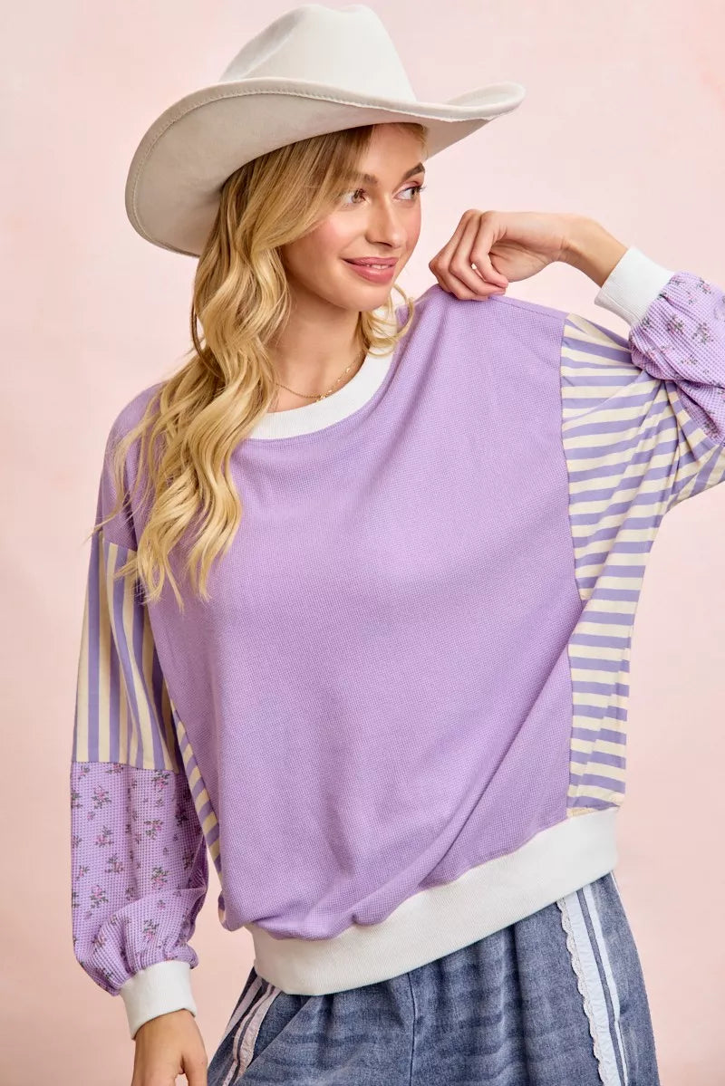 BiBi Mix and Match sweatshirt in lavender white stripes with floral cuffs