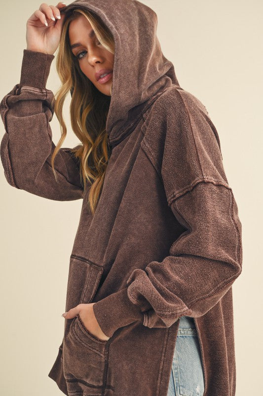 Aemi + Co Exposed Seam Side Slit Hoodie with Kangaroo Pocket Hoodies