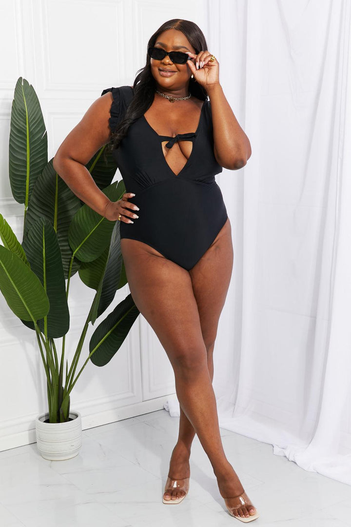 Marina West Swim Seashell Ruffle Sleeve One-Piece in Black Swimwear