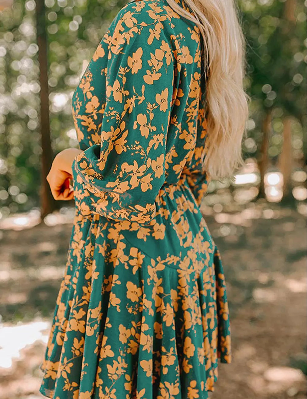 Green floral print wrap mini dress with ruffled hem and long sleeves