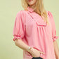Umgee scalloped trim blouse with puff sleeves in pink textured fabric