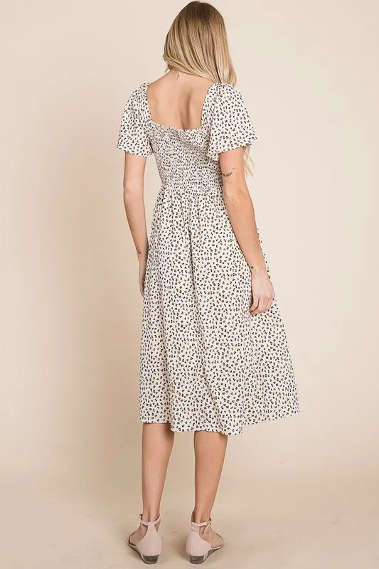 Lime 'N' Chili Ditsy Leopard Print Square Neck Smocked Midi Dress