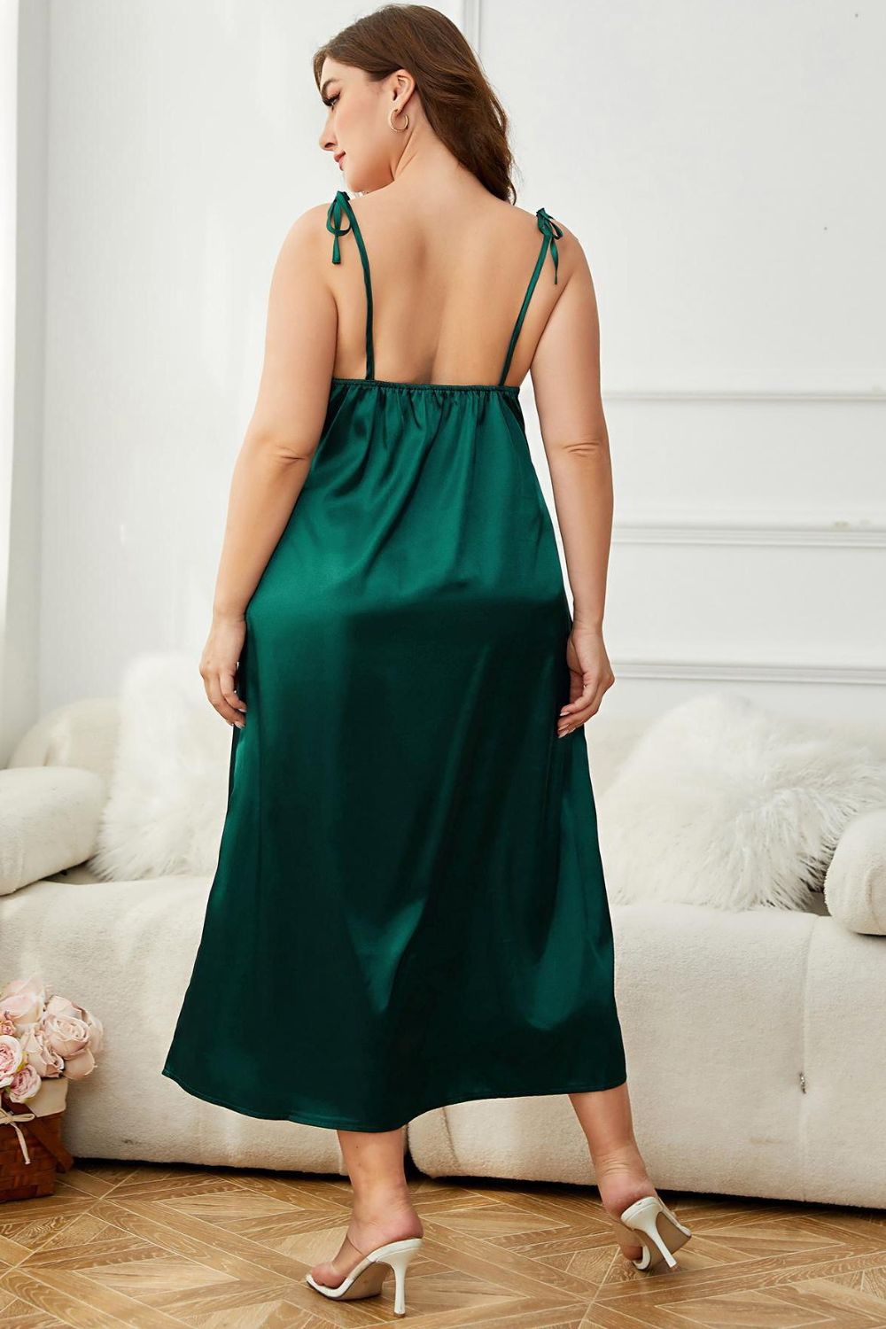 Plus size emerald green satin tie-shoulder midi night dress