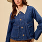 SO ME zip up and buttoned denim jacket with cream collar and wooden buttons