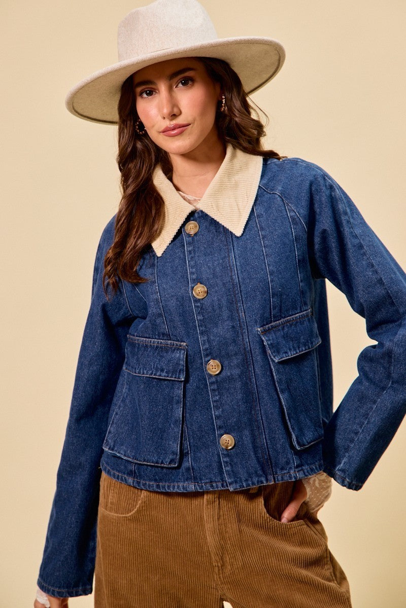 SO ME zip up and buttoned denim jacket with cream collar and wooden buttons