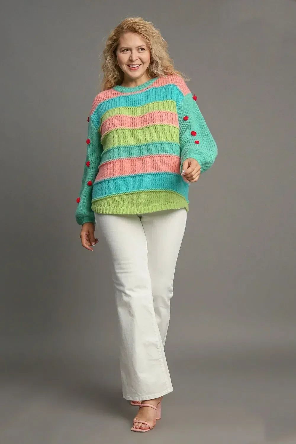 Umgee Full Size Color Block Cable Knit Sweater with Pom Pom Plus Size - DAVERRI FASHIONS