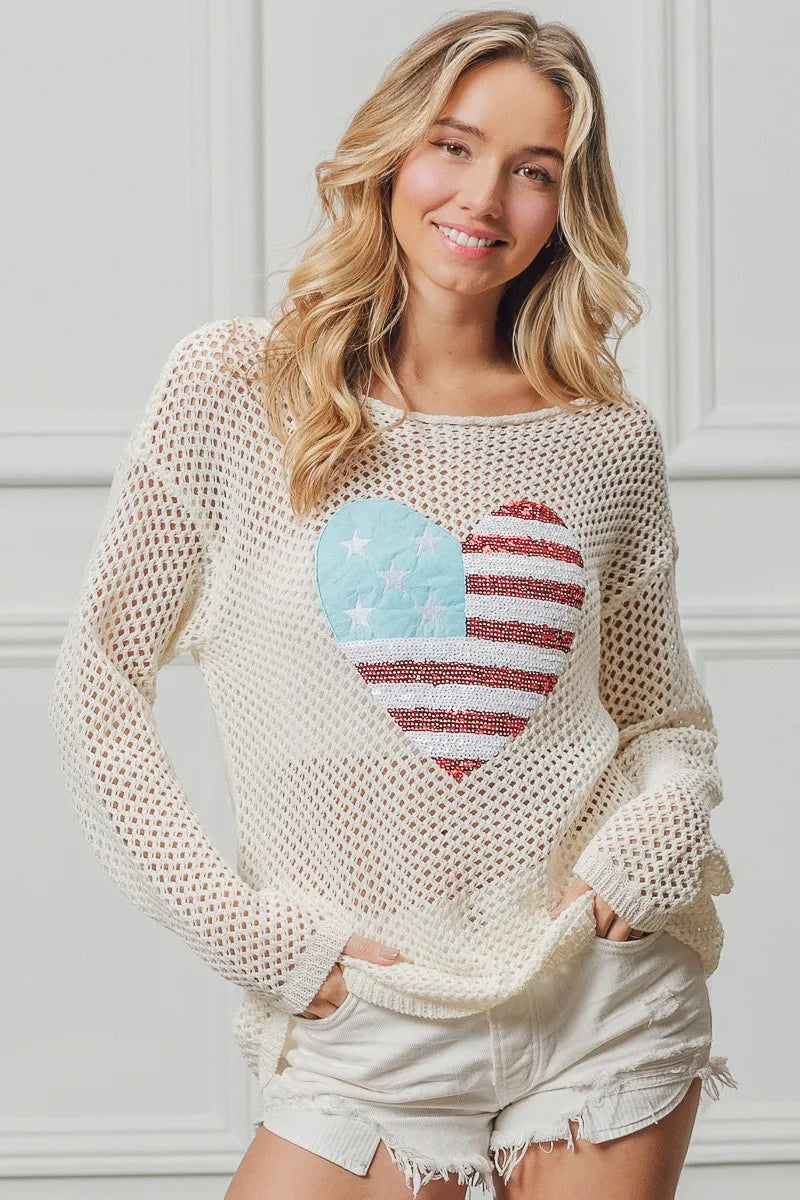 BiBi Sequin American Flag Heart Knit Cover-Up OFF WHITE Cover-Ups