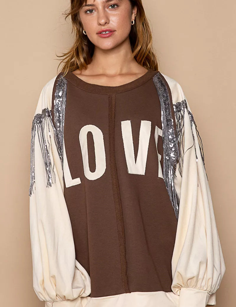 POL Balloon Sleeve French Terry Sweatshirt with Sequin Tassel | Sweatshirts Daverri Fashions