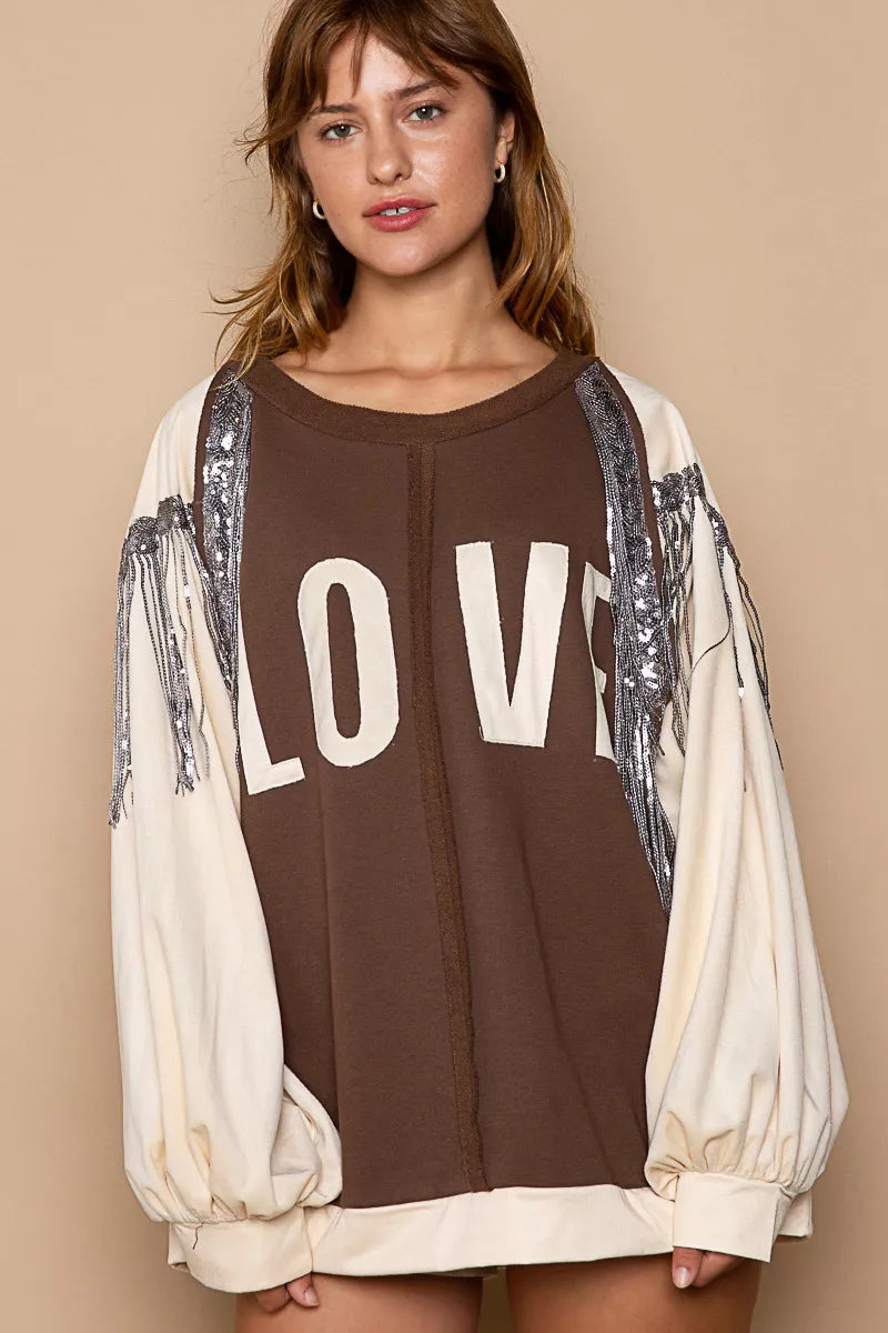 POL Balloon Sleeve French Terry Sweatshirt with Sequin Tassel | Sweatshirts Daverri Fashions