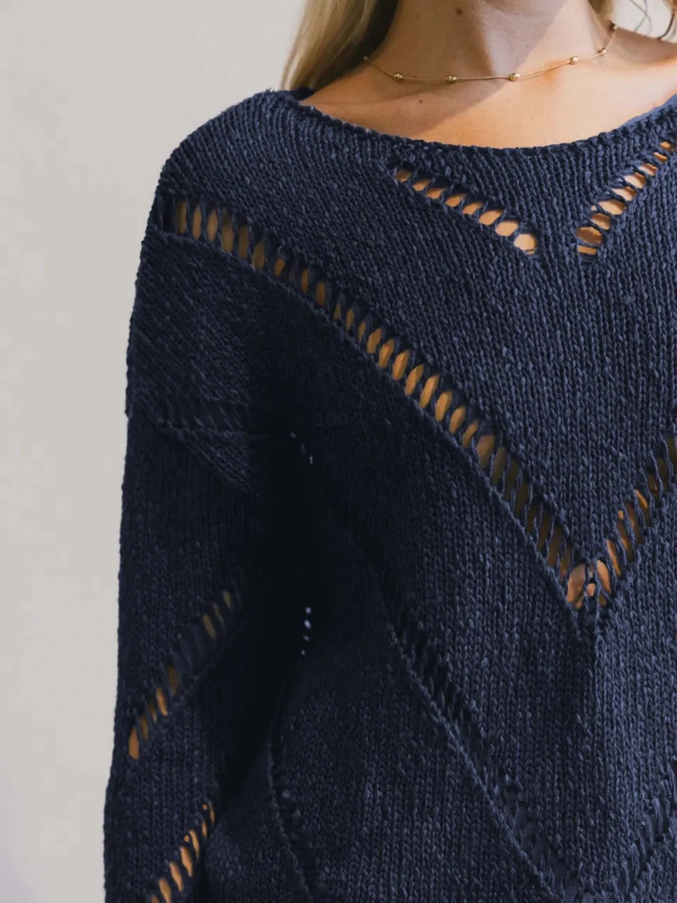 Openwork Boat Neck Long Sleeve Sweater | Sweaters Daverri Fashions
