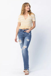 Judy Blue Full Size Mid Rise Destroy Straight Jeans Plus Size | Jeans Daverri Fashions