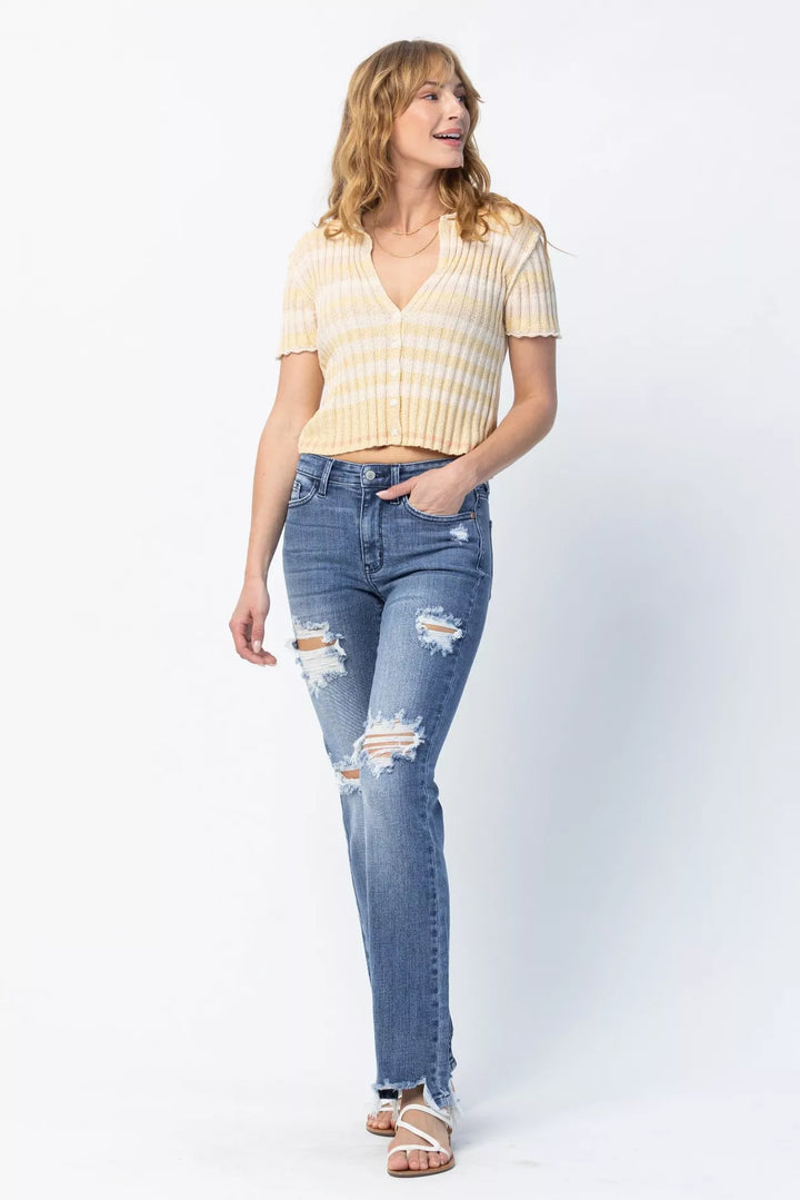 Judy Blue Full Size Mid Rise Destroy Straight Jeans Plus Size | Jeans Daverri Fashions