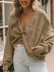 Exposed Seam Twisted V-Neck Sweatshirt | Sweatshirts Daverri Fashions