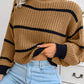 Cozy full-size striped mock neck knit sweater in camel with black stripes