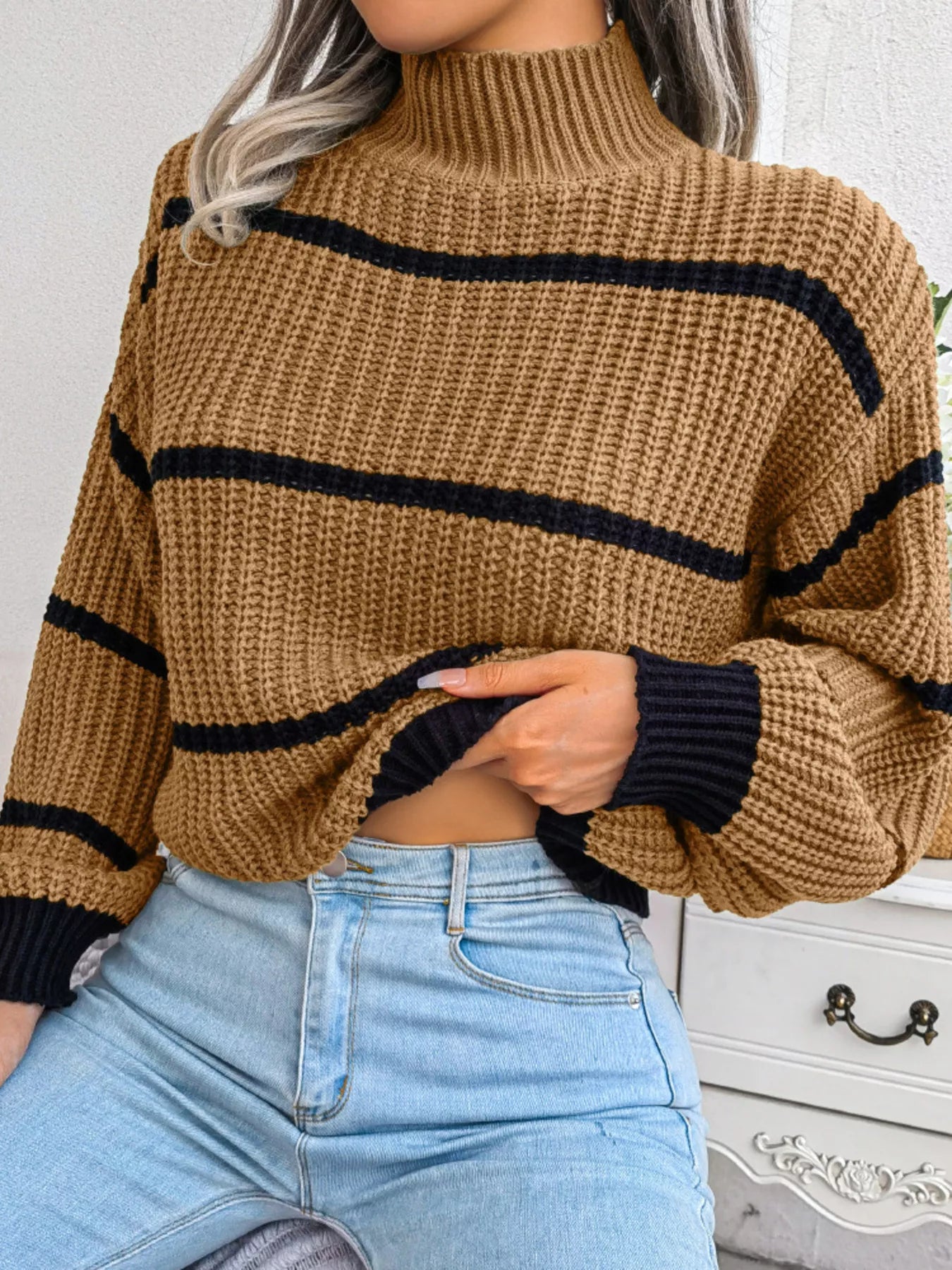 Cozy full-size striped mock neck knit sweater in camel with black stripes