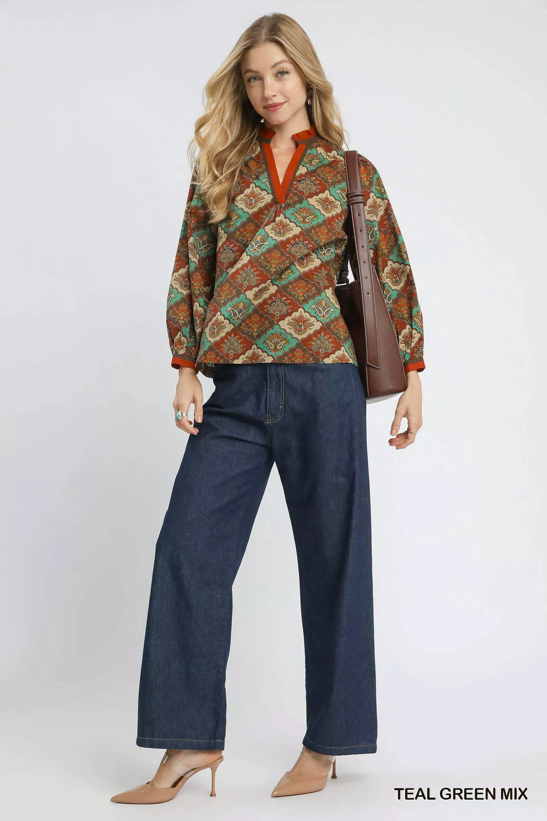 Umgee Abstract Print Ruffle Neck Top | Daverri Fashions
