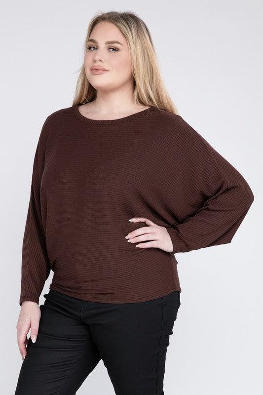 Zenana Plus Batwing Sleeve Knit Top-Casual Comfort Shirts & Tops