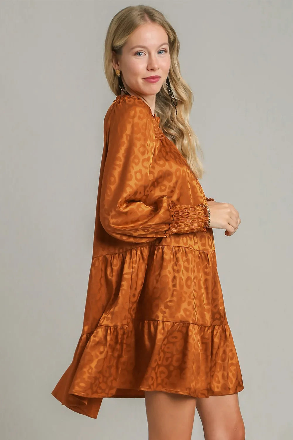 Umgee Smocked Leopard Long Sleeve Tiered Dress Mini Dresses