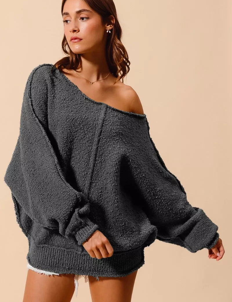CHARCOAL SO ME Loose Fit Exposed Seam Slouchy Boucle Sweater Charcoal | Sweaters Daverri Fashions
