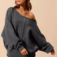 SO ME Loose Fit Exposed Seam Slouchy Boucle Sweater Charcoal - DAVERRI FASHIONS