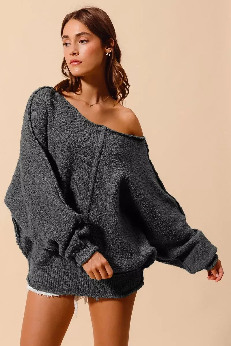 SO ME Loose Fit Exposed Seam Slouchy Boucle Sweater Charcoal - DAVERRI FASHIONS