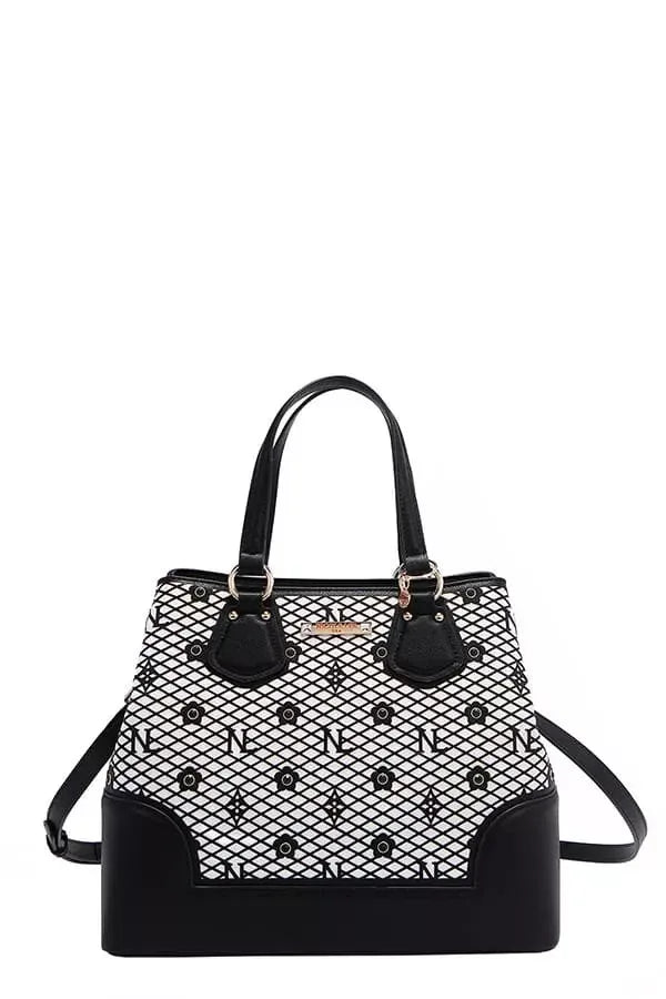 Monogram Pattern Handbag with Rhinestones Decor - DAVERRI FASHIONS