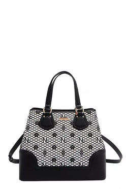 Monogram Pattern Handbag with Rhinestones Decor - DAVERRI FASHIONS