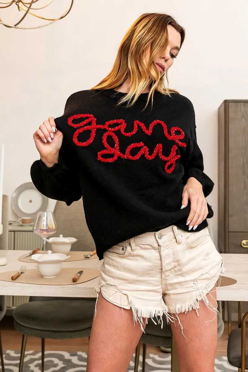 BiBi Game Day Metallic Letter Sweater | Daverri Fashions