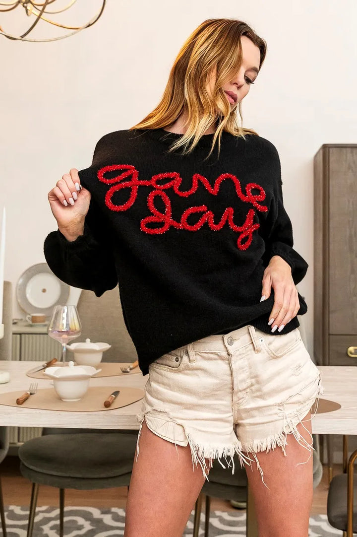 BiBi Game Day Metallic Letter Sweater | Daverri Fashions