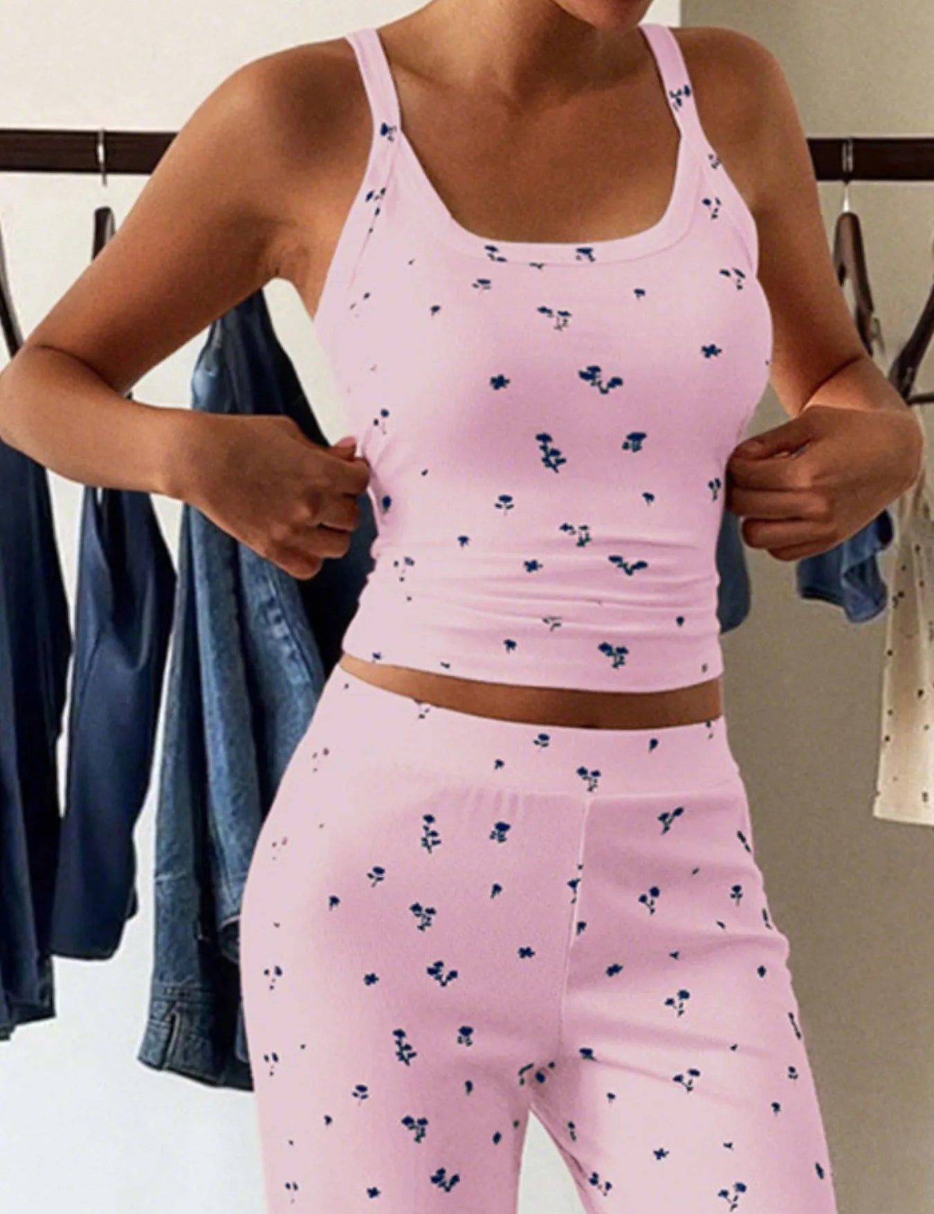 Floral Ribbed Cami and Wide Leg Pants Set | Loungewear Sets Daverri Fashions