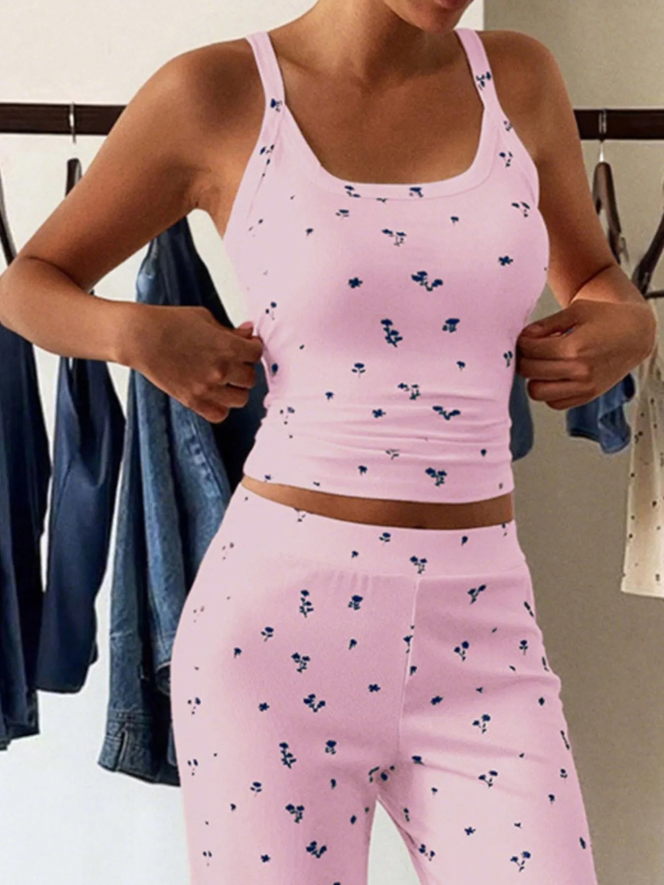 Floral Ribbed Cami and Wide Leg Pants Set | Loungewear Sets Daverri Fashions