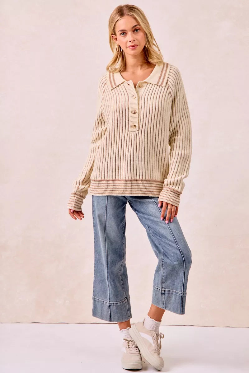 BiBi Half Button Ribbed Two Tone Sweater | Sweaters Daverri Fashions