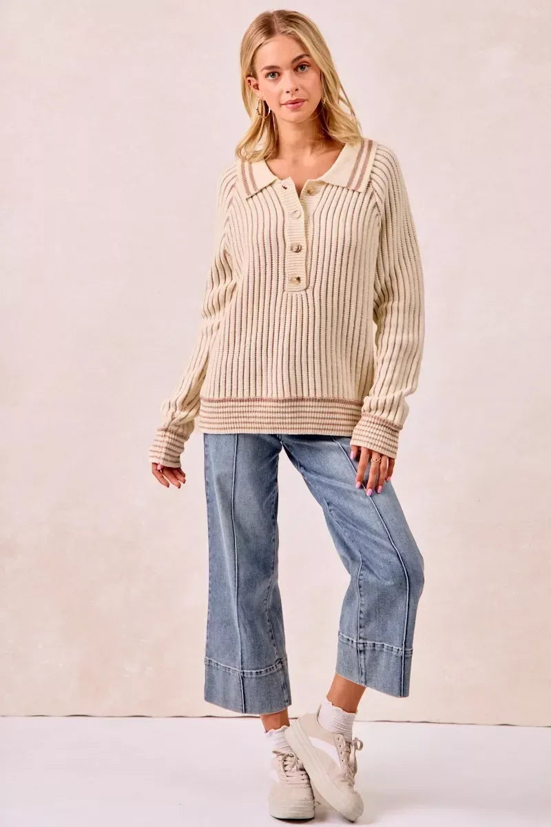 BiBi Half Button Ribbed Two Tone Sweater - DAVERRI FASHIONS