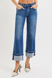 DARK RISEN Mid Rise Ankle Straight Jeans with Cuffed Hem | Jeans Daverri Fashions