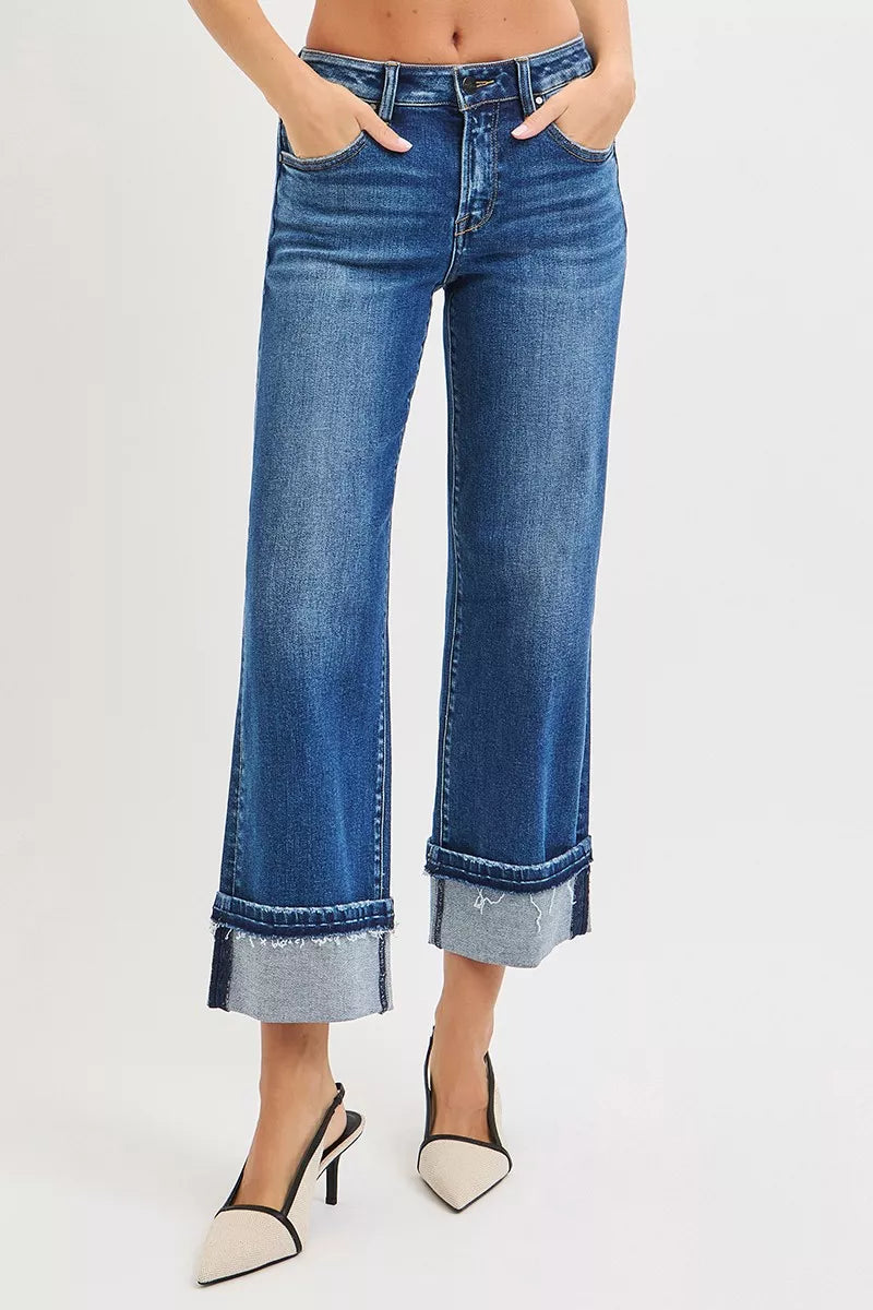 DARK RISEN Mid Rise Ankle Straight Jeans with Cuffed Hem | Daverri Fashions