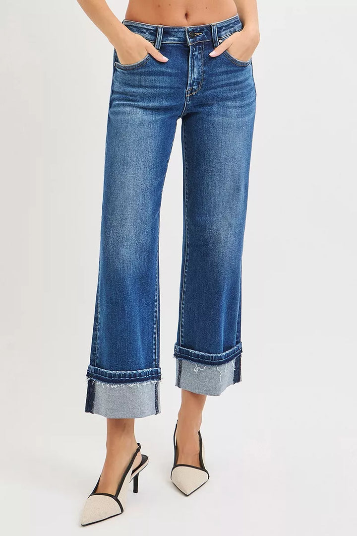 DARK RISEN Mid Rise Ankle Straight Jeans with Cuffed Hem | Daverri Fashions