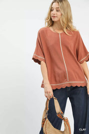 Umgee Linen Blend Scallop Trim Top | Tops Daverri Fashions