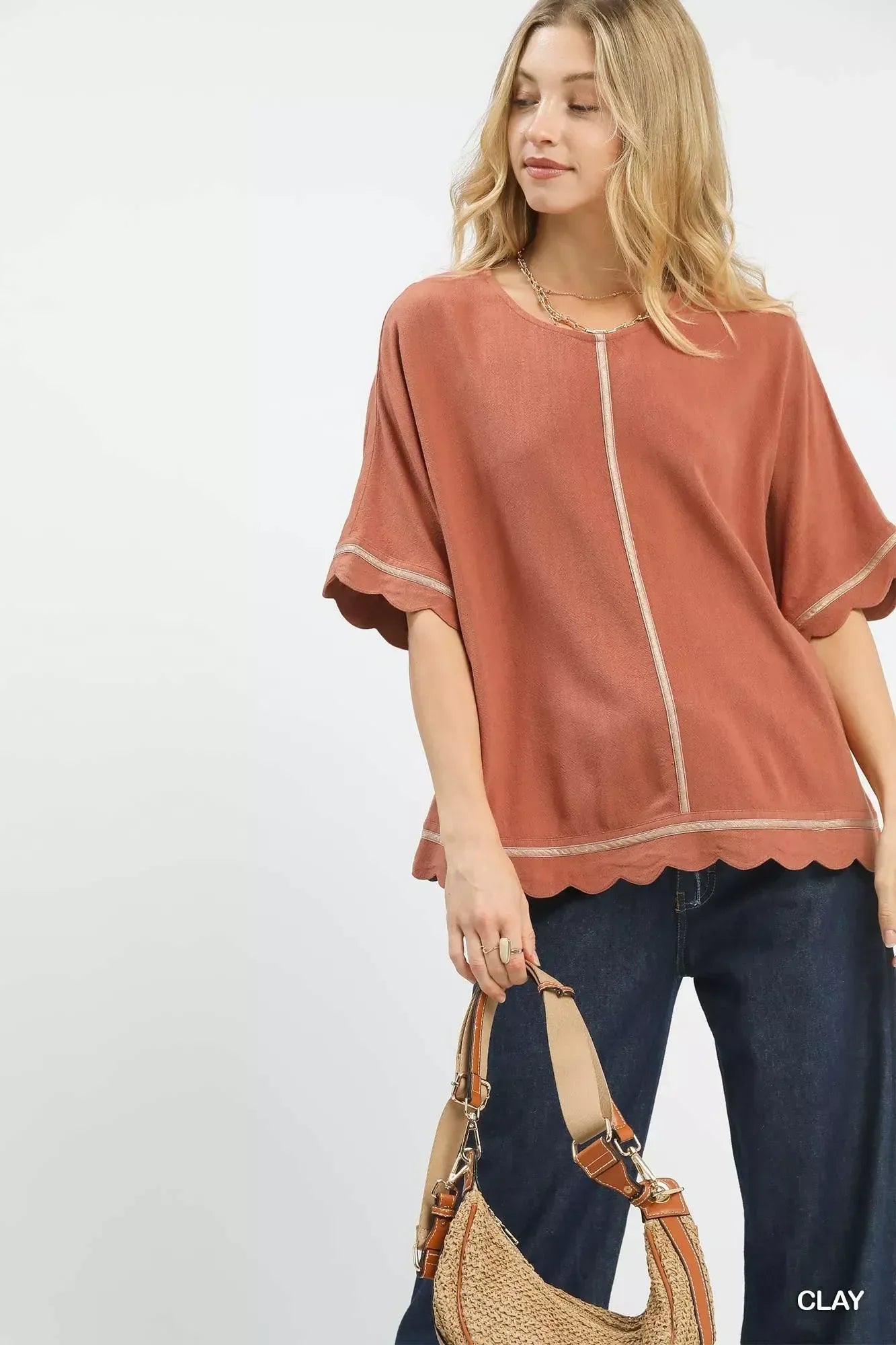 Umgee Linen Blend Scallop Trim Top - DAVERRI FASHIONS