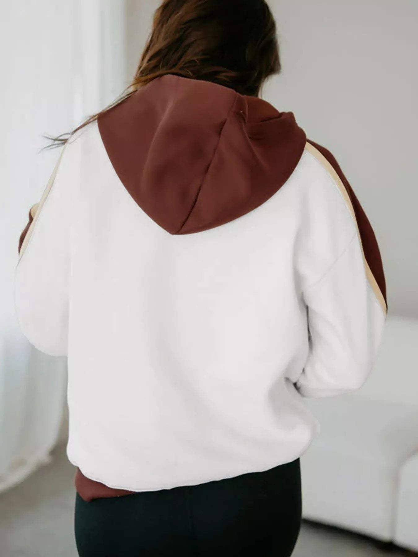 White and brown color block patchwork hooded fleece sweatshirt