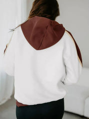White and brown color block patchwork hooded fleece sweatshirt