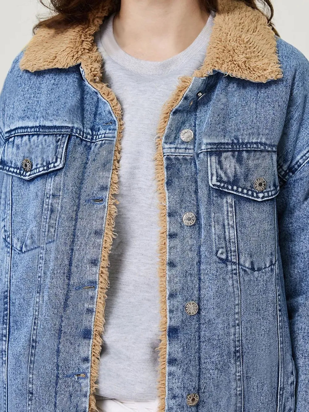 Button Up Collared Neck Plush Denim Jacket | Denim Jackets Daverri Fashions