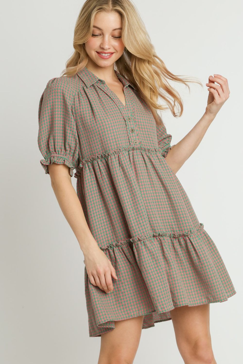 Umgee Full Size Plaid Frill Button Detail Ruffled Short Sleeve Dress Plus Size GREEN PINK